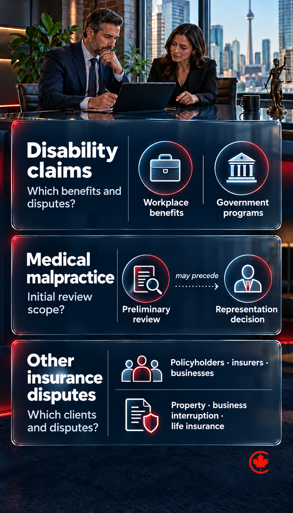 Three glass rows ask law-firm owners to clarify disability benefits and disputes handled, the scope of a malpractice review, and the clients and disputes served in other insurance work.