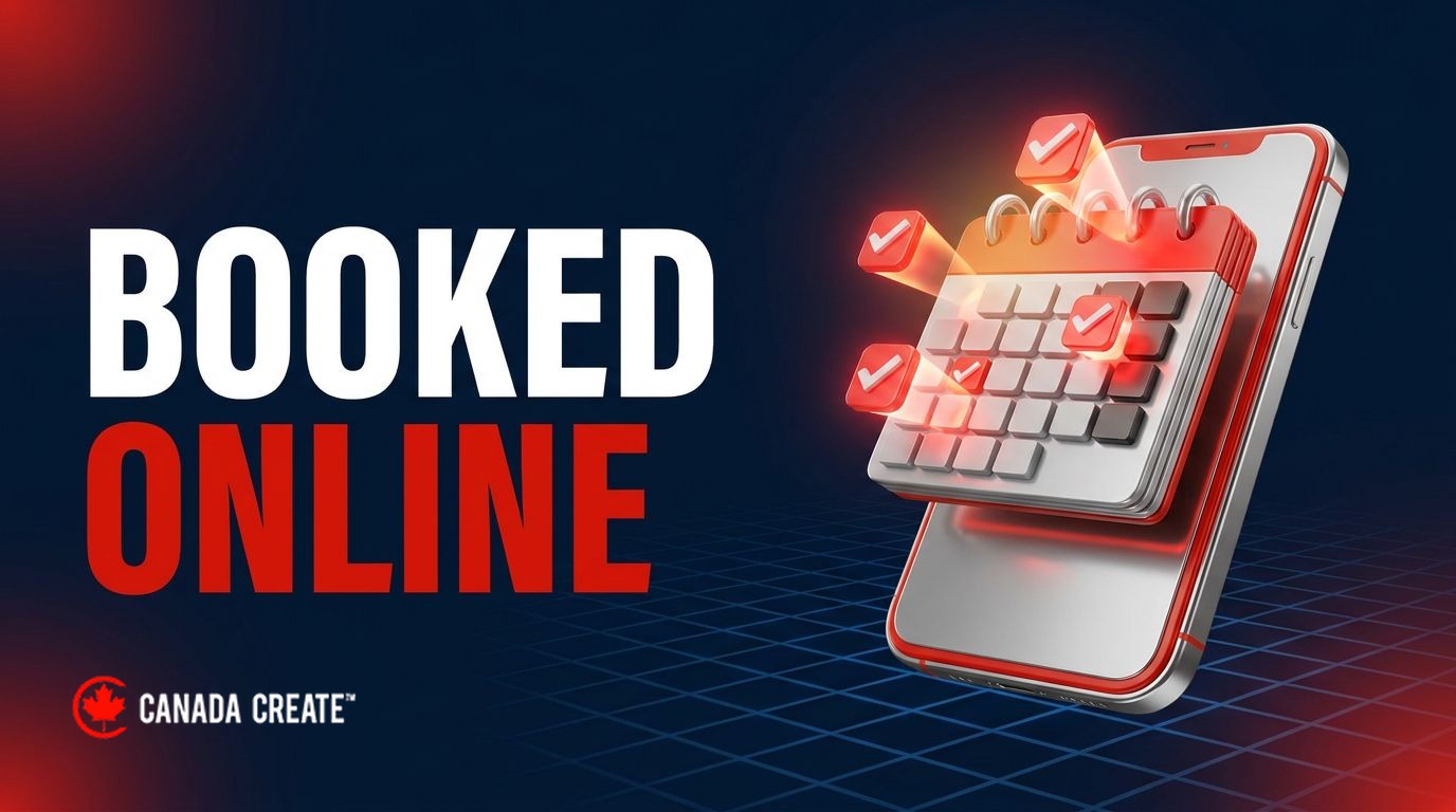 Booked online: a smartphone with a 3D calendar bursting from the screen and red checkmarks on booked slots