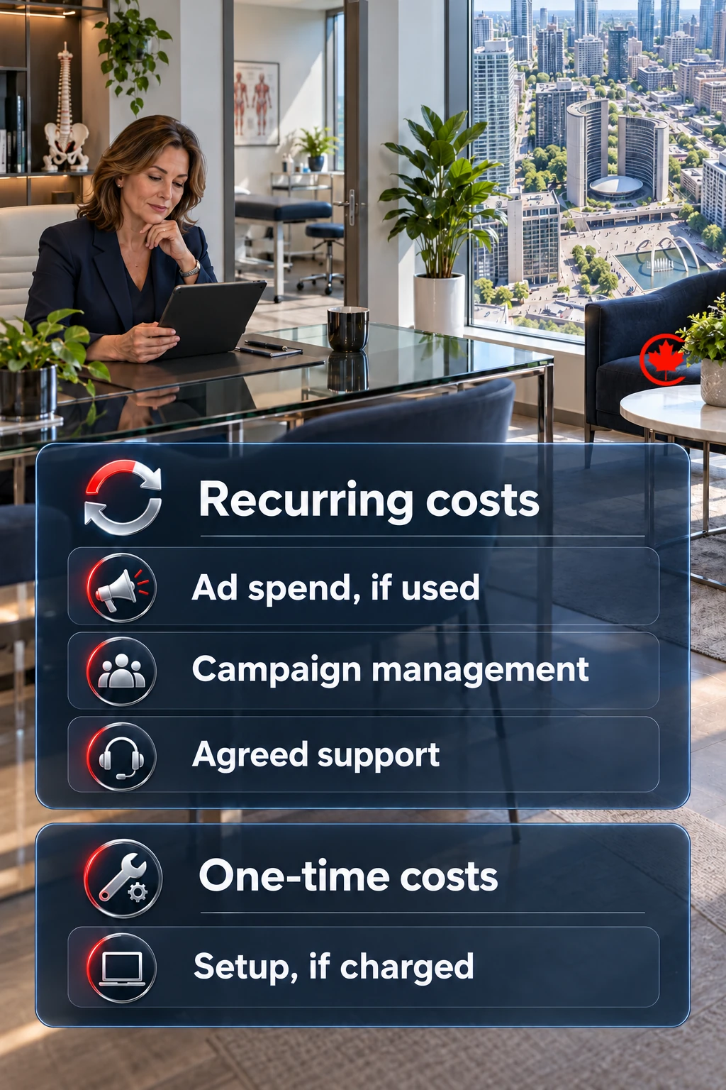 Clinic-owner cost diagram separates recurring advertising spend, campaign management and agreed support from an optional one-time setup charge.