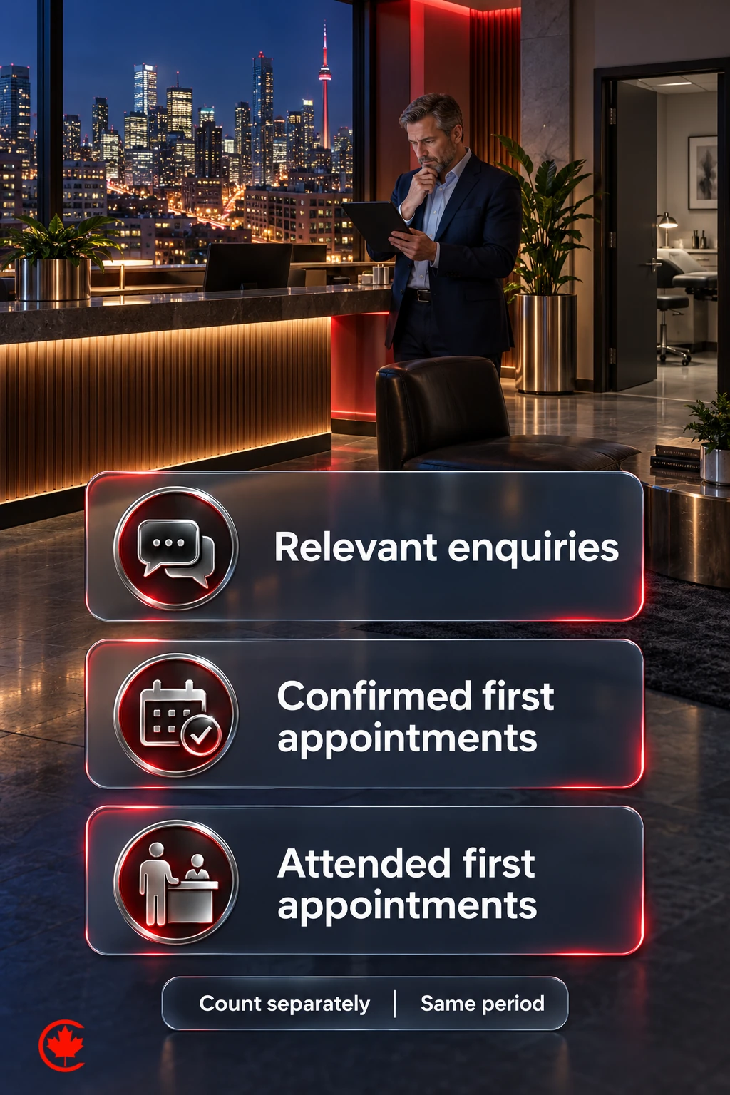 Three parallel clinic reporting categories distinguish relevant enquiries, confirmed first appointments and attended first appointments, counted separately over the same period.