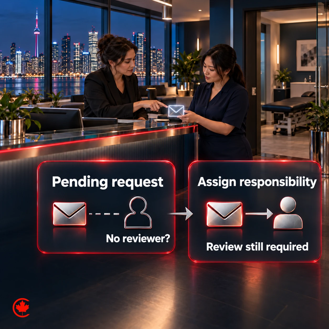 A pending appointment request reaches a missing-reviewer check; assigning responsibility addresses that gap, while the request still requires review.