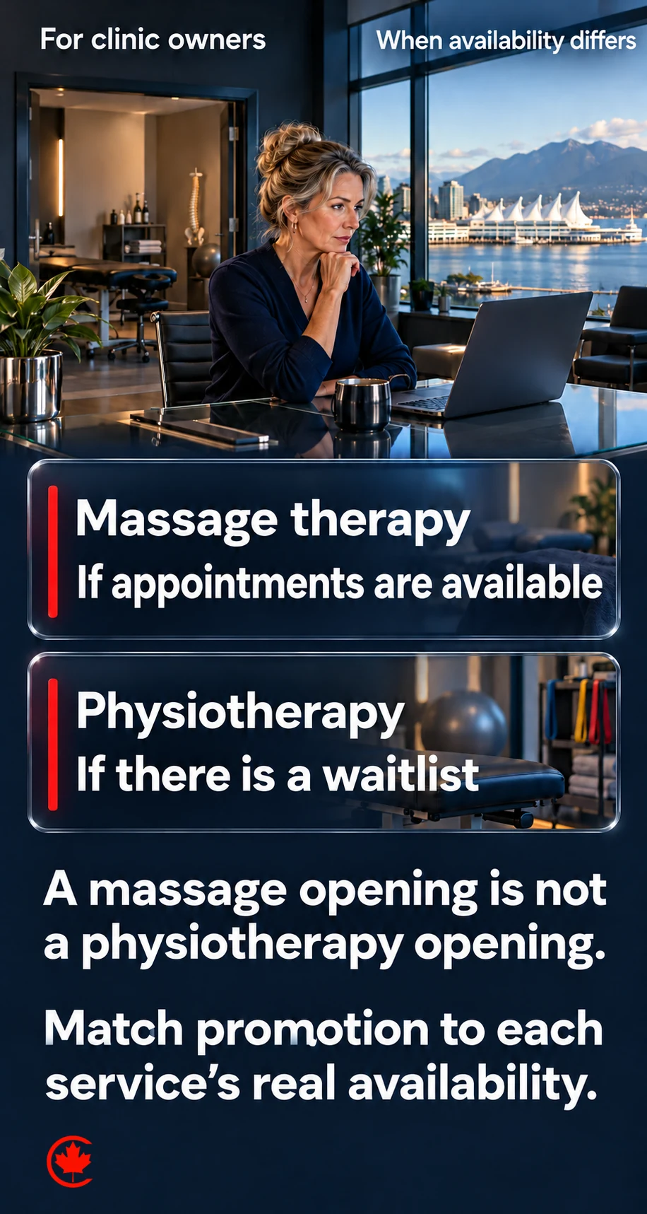 Separate massage therapy and physiotherapy availability: available massage appointments do not resolve a physiotherapy waitlist. Promotion should match the service and provider availability.