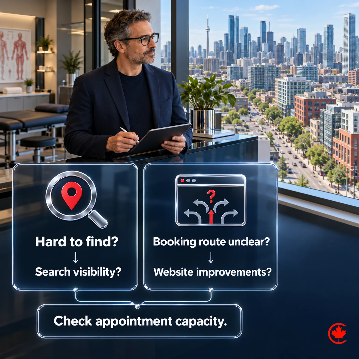 Two clinic-owner questions connect a hard-to-find service with a search-visibility question and an unclear booking route with a website-improvement question, alongside a separate appointment-capacity check.