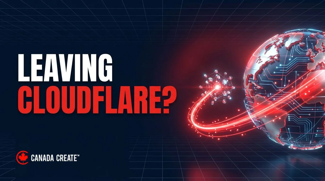 Leaving Cloudflare: a network globe with a red path moving to a new cluster of nodes