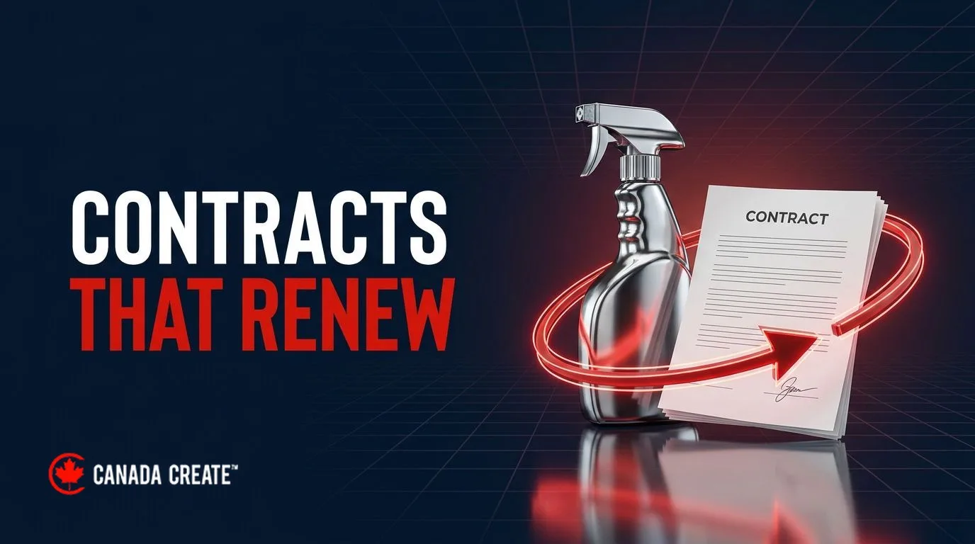 Contracts that renew: a chrome spray bottle beside a signed contract on a gleaming floor, circled by a red loop arrow