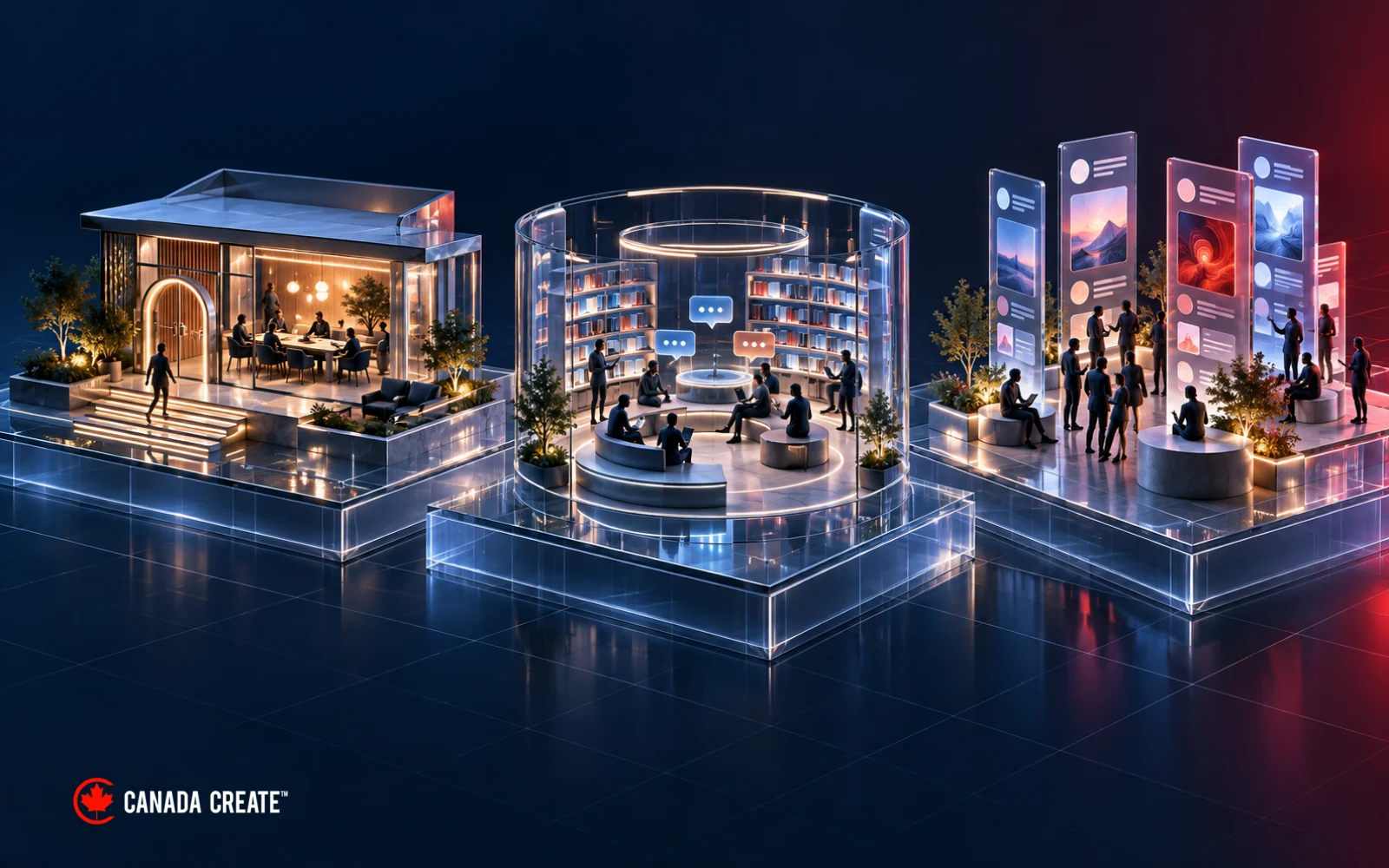 Three community models shown as a branded membership home, a forum and a social gathering space.