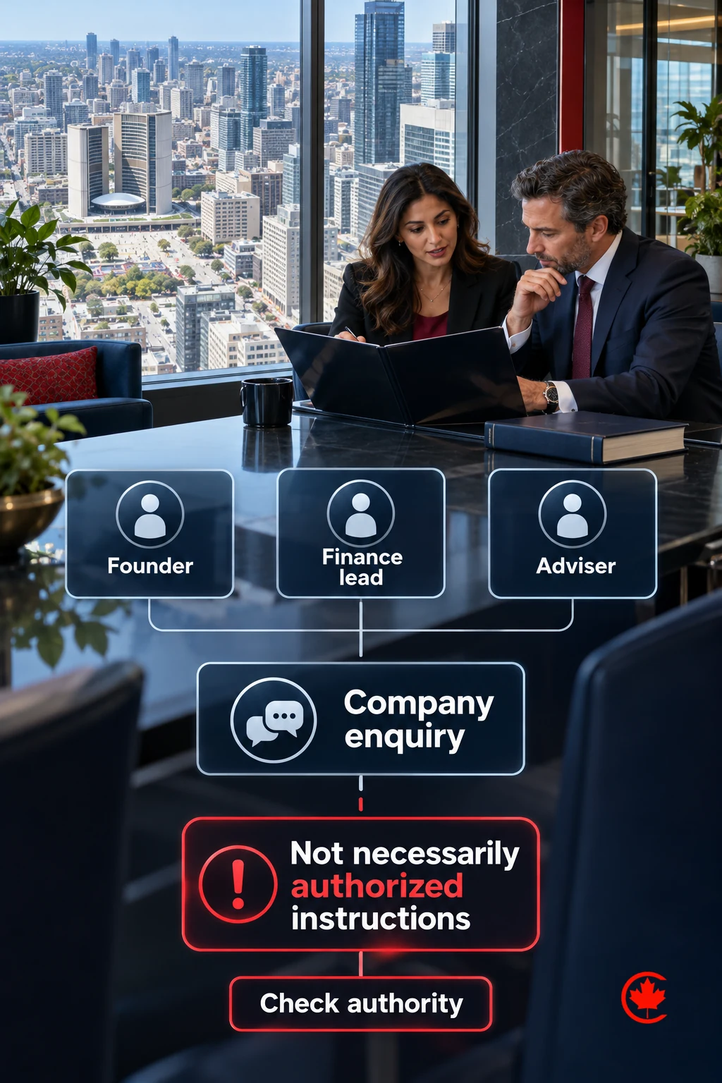 Founder, finance lead and adviser enquiries lead to an authority check; a company enquiry is not necessarily an authorized instruction.
