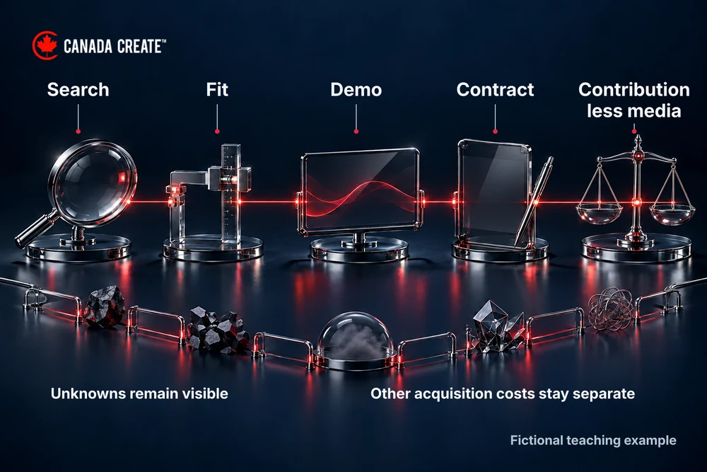 Five connected stages track search, fit, demo, contract and contribution less media while keeping unknown information and other acquisition costs visible.