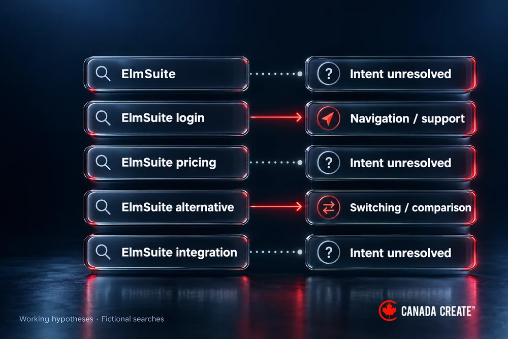 Read the modifier before assigning intent. Five translucent search cards connect to switching, navigation and unresolved lanes. Pricing and integration use dotted uncertainty paths; naked brand stays unresolved.