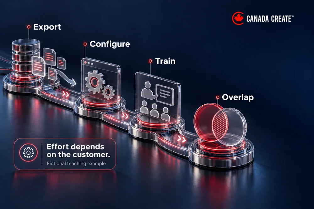 Make the switching effort visible. Four migration stages show data export, configuration, training and overlap as different tasks, without fabricated hours.
