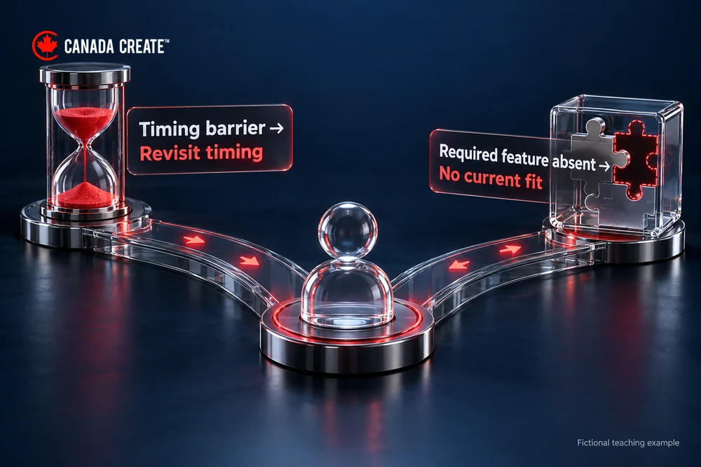 Separate a timing barrier from a product gap. Two distinct paths: purchase timing leads to later evaluation; missing required capability leads to no current fit. Neither is labelled a failed lead automatically.