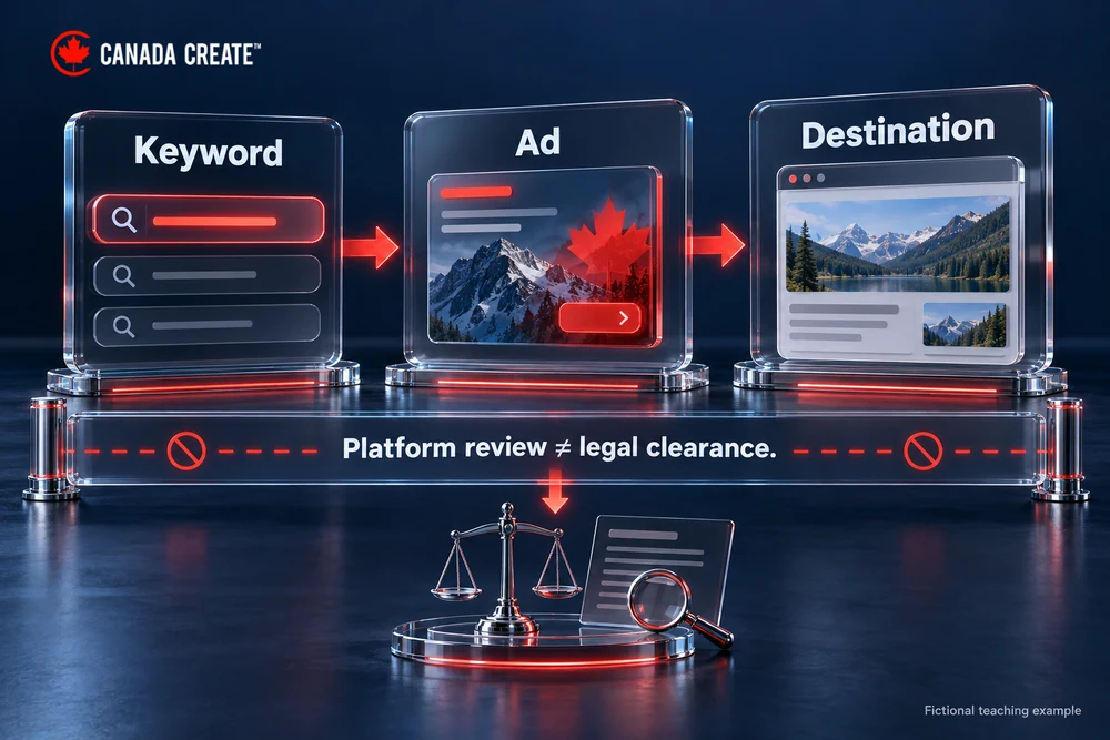 Keep the three review surfaces separate. Three panels represent keyword targeting, displayed ad and destination. A thin policy boundary sits beneath them, with legal review shown separately.