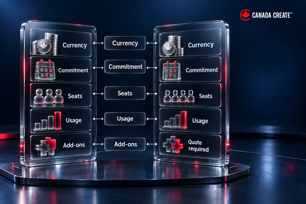 Compare like-for-like commercial conditions. Two neutral offer columns align currency, billing period, seats, usage and add-ons. Unknown price remains unknown.