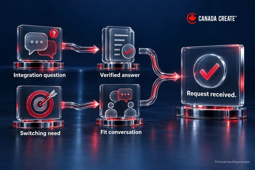Answer the switching question before asking for a demo. An integration question flows to verified documentation; a confirmed switching need flows to a fit conversation. A confirmation panel states request received.