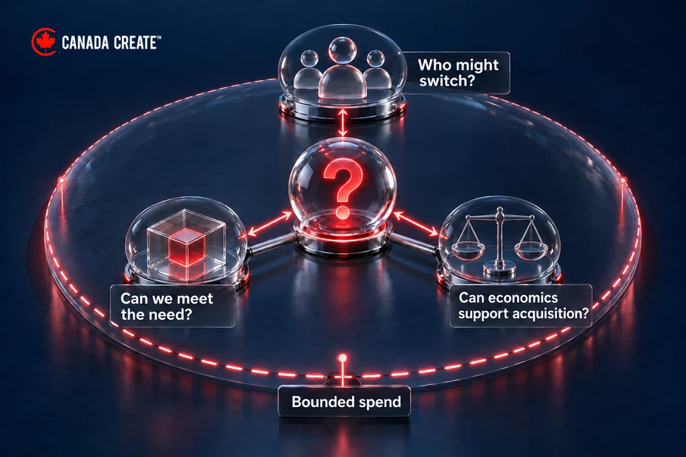 Define the decision before buying the traffic. A central question connects audience, product fit and acquisition economics. An outer boundary represents the authorized learning cost without a number.