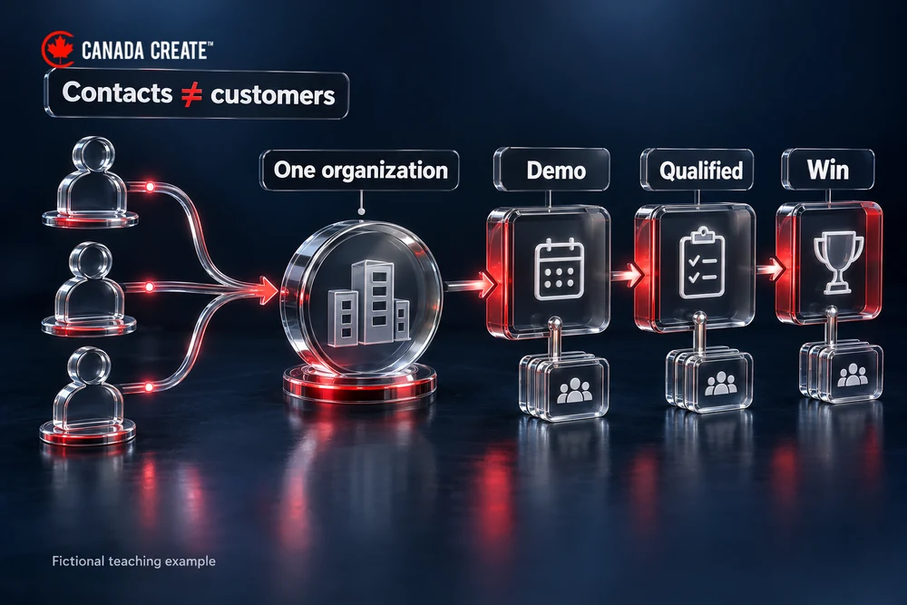 Count organizations consistently through the journey. Three contact silhouettes merge into one fictional organization token; repeat meetings remain attached to the same token as it enters nested stages.