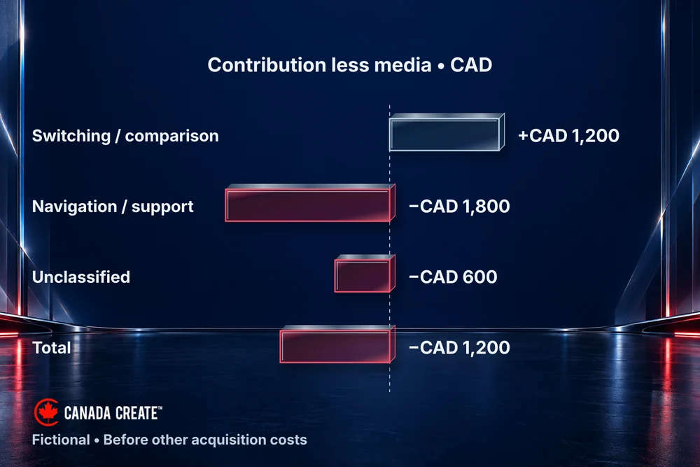 Signed bars reconcile CAD +1,200, −1,800 and −600 to −1,200 before other acquisition costs in the fictional first-year cohort.