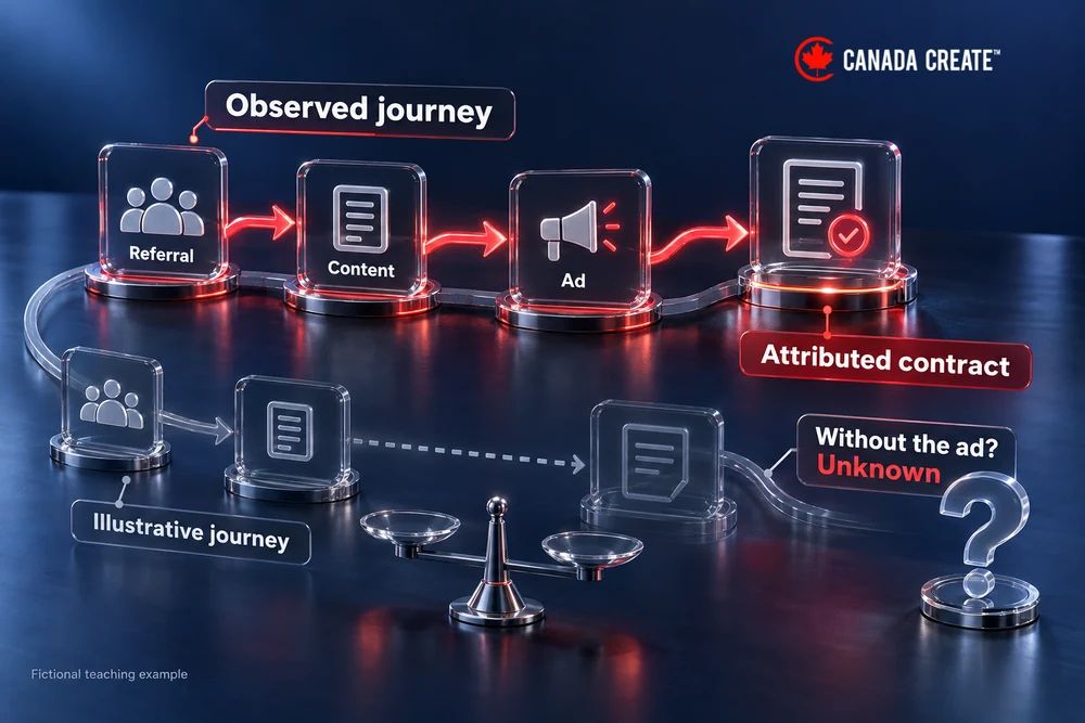 Attribution does not supply the missing counterfactual. One observed journey runs referral→content→ad→contract. A separate faded counterfactual asks what would happen without the ad and remains unresolved.