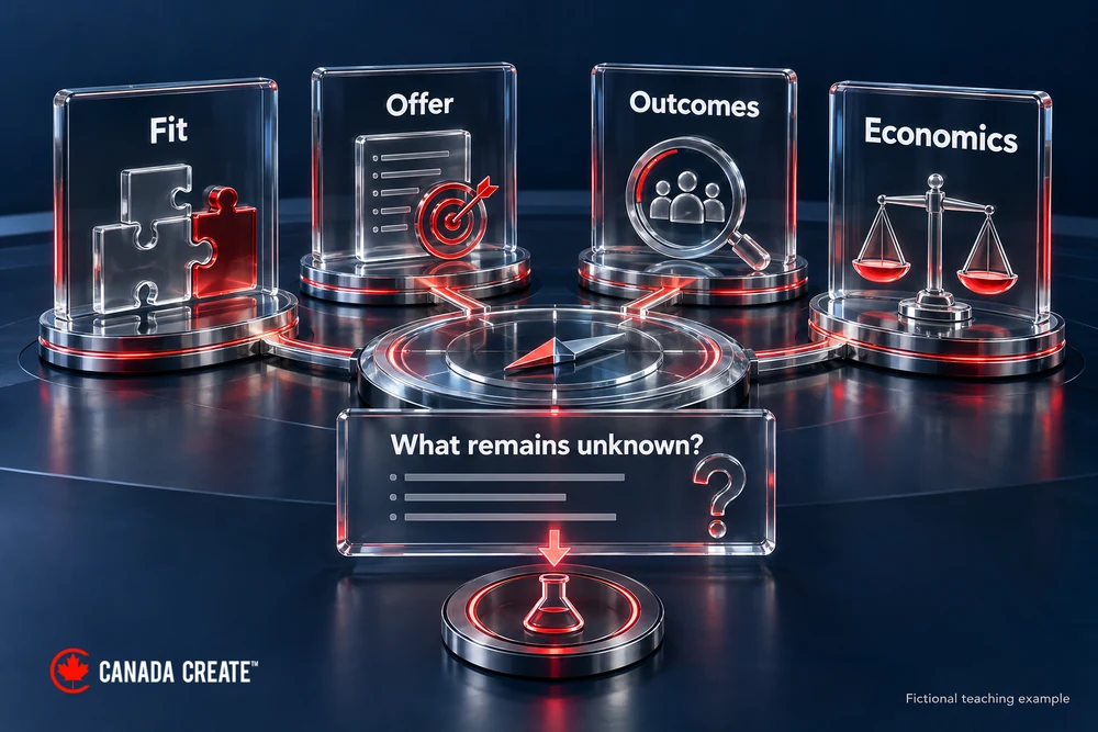 Fund the next answer, not the most flattering metric. A final decision desk contains four evidence objects: supported fit, honest destination, reconciled cohort and bounded economics. An open question card points to the next test.