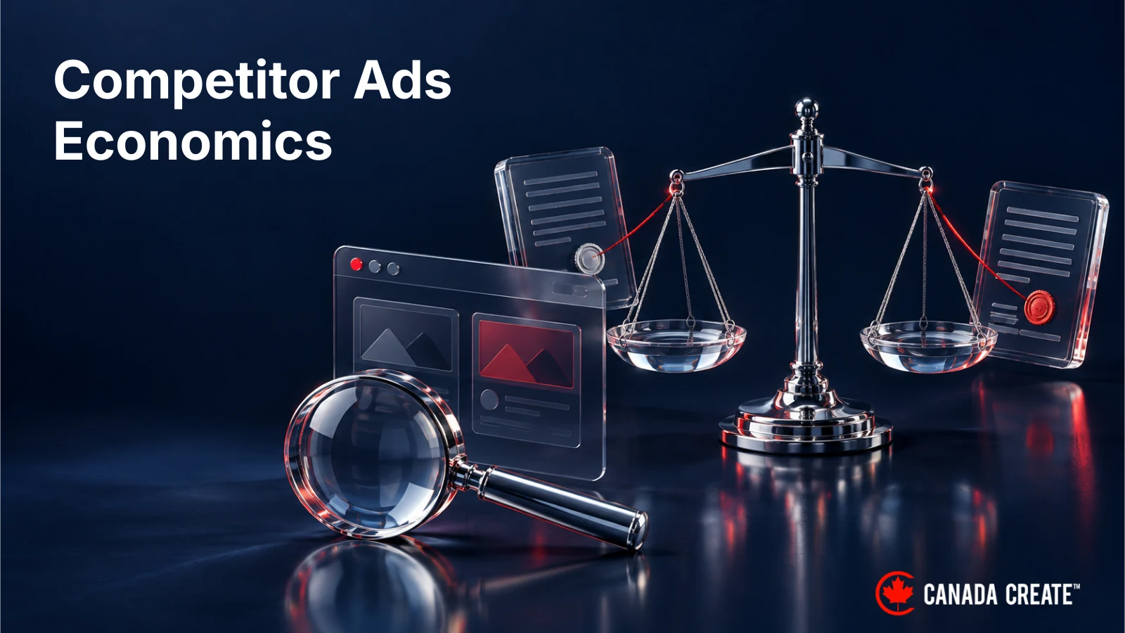 A glass search lens, software panel, contracts and neutral balanced scales represent evaluating competitor-ad economics.