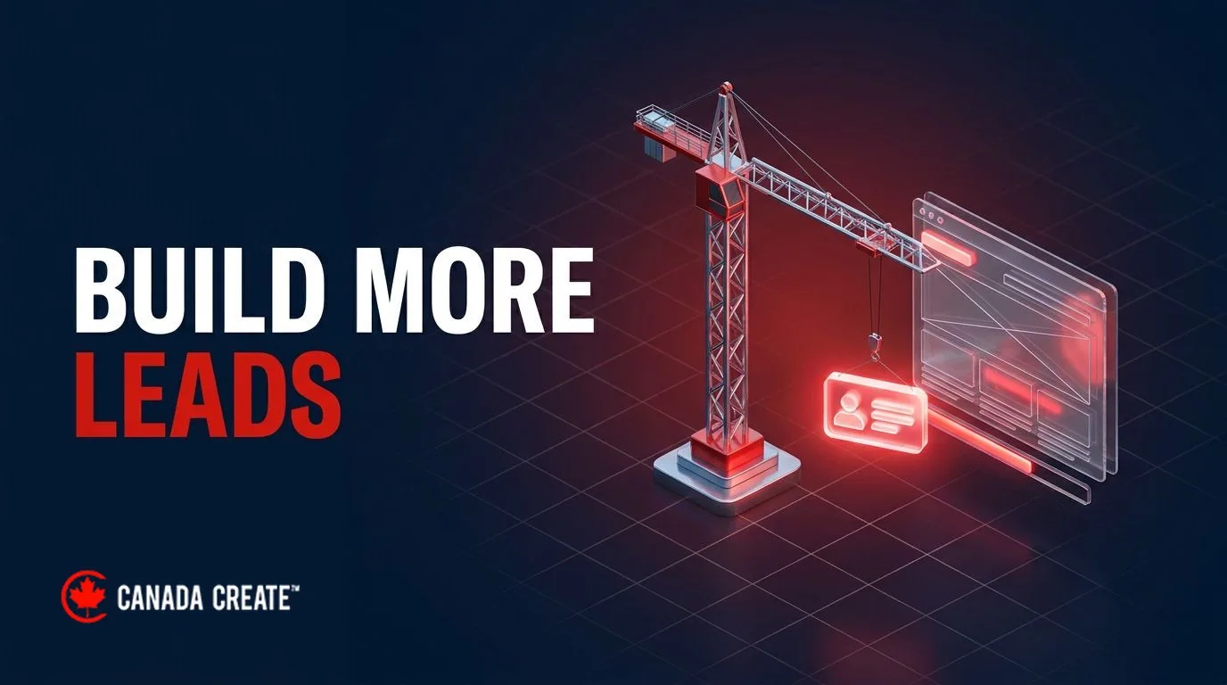 Build more leads: a miniature crane lifting a red contact card onto a website under construction