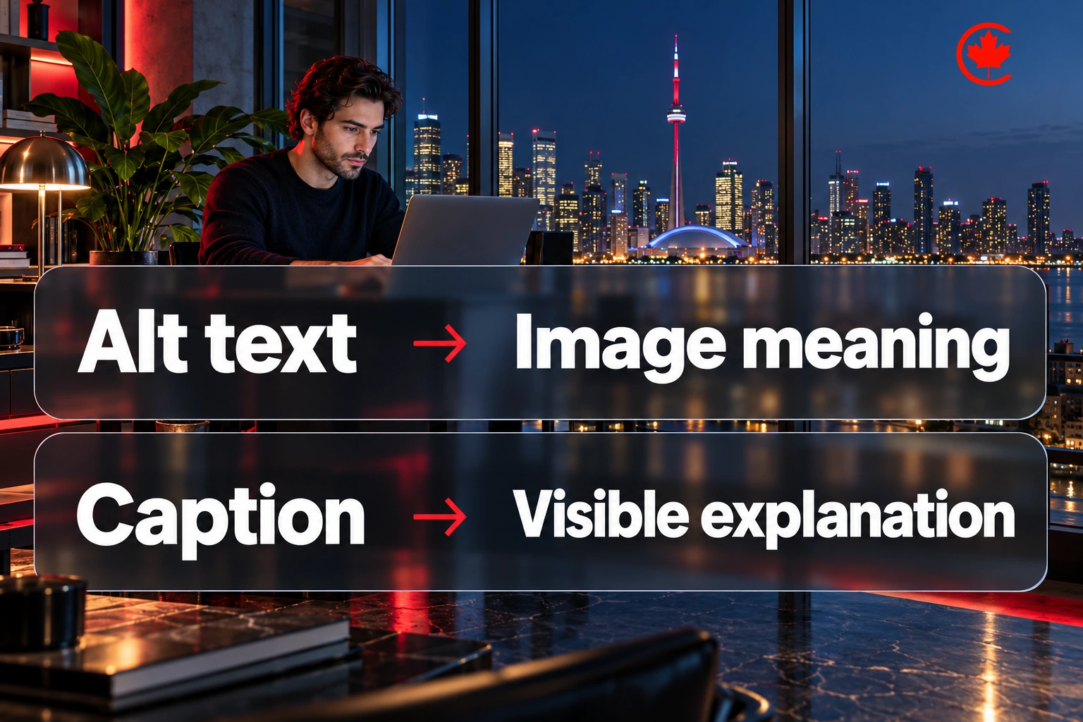 Alt text conveys image meaning; a caption provides a visible explanation.