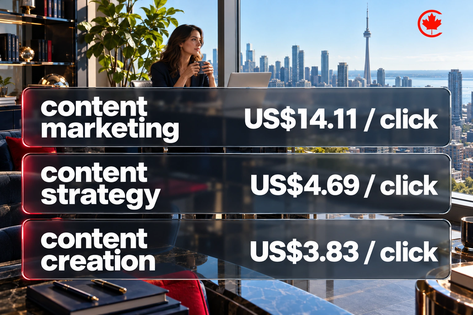 Estimated CPC in US dollars per click: content marketing, 14.11; content strategy, 4.69; content creation, 3.83.