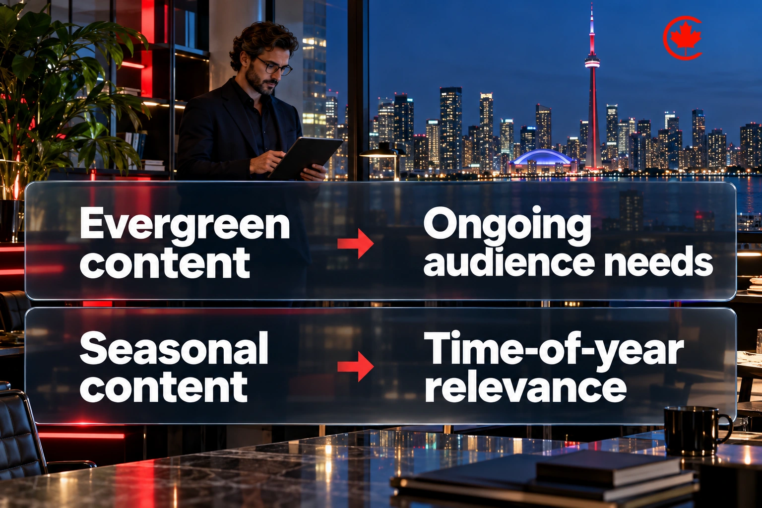Evergreen content addresses ongoing audience needs; seasonal content has time-of-year relevance.