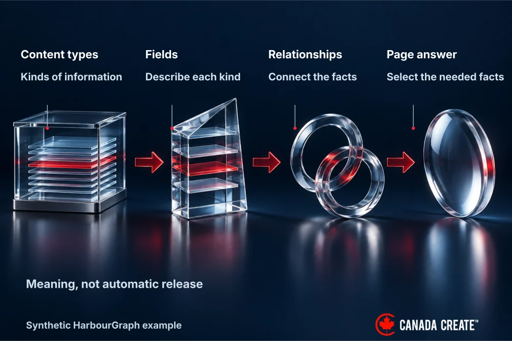 Content types define kinds of information; fields describe them; relationships connect facts; pages select the answer.