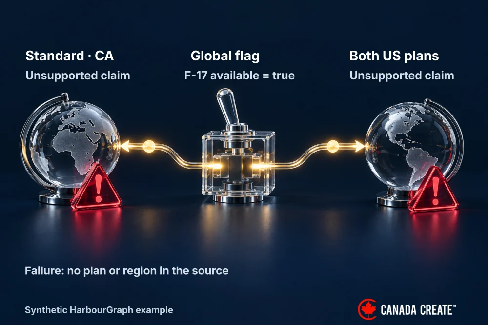 A global F-17 availability flag incorrectly spreads a positive claim to Standard Canada and both US plans.