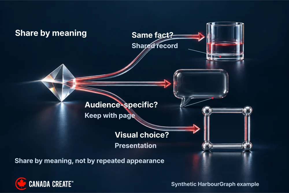 Share the same fact as a record, keep audience-specific explanation on the page, and keep visual choices in presentation.