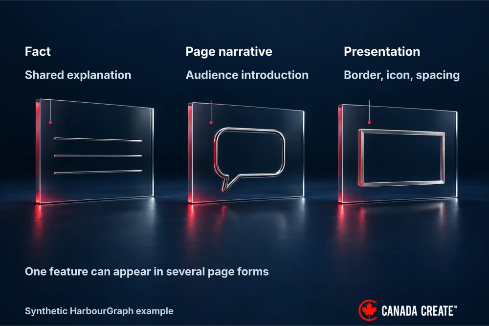 Three separate glass layers represent a shared fact, an audience-specific page narrative, and presentation rules.