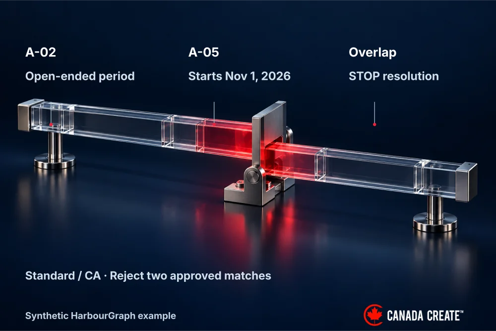 An open-ended A-02 conflicts with A-05 from November 1, 2026; the overlap must stop resolution.