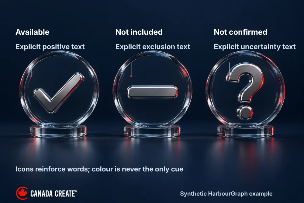 Available, not included and not confirmed each retain explicit wording alongside redundant status symbols.