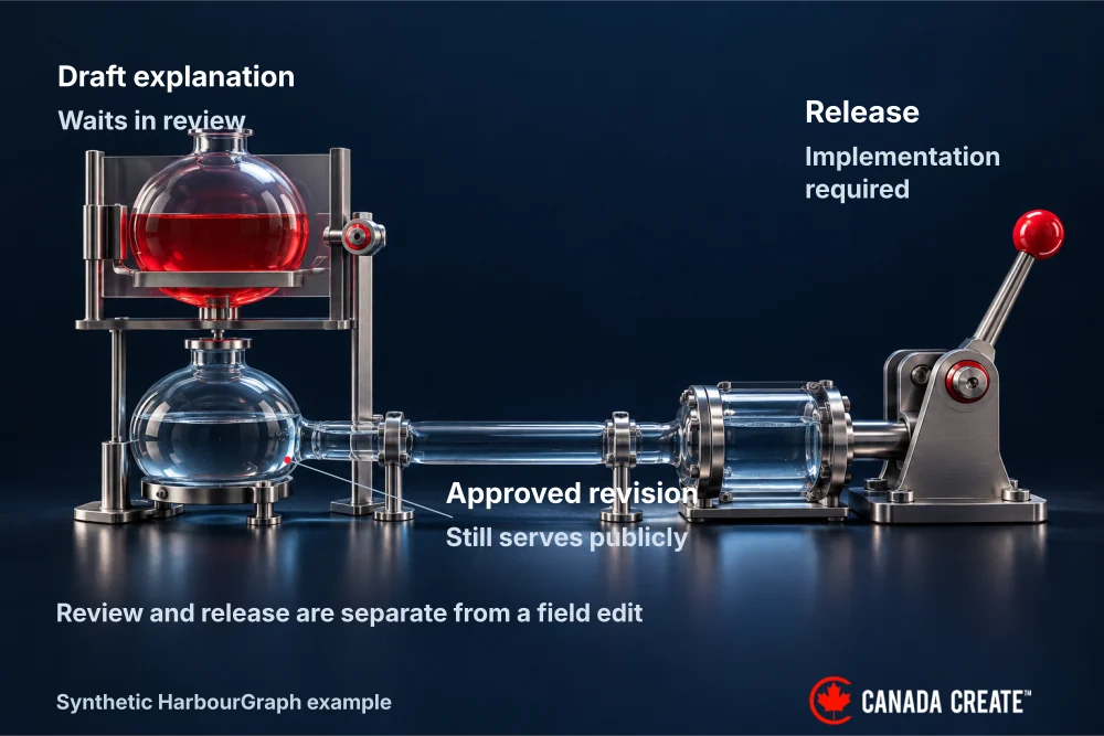 The draft explanation waits for review while the old approved revision continues to serve until implemented release.