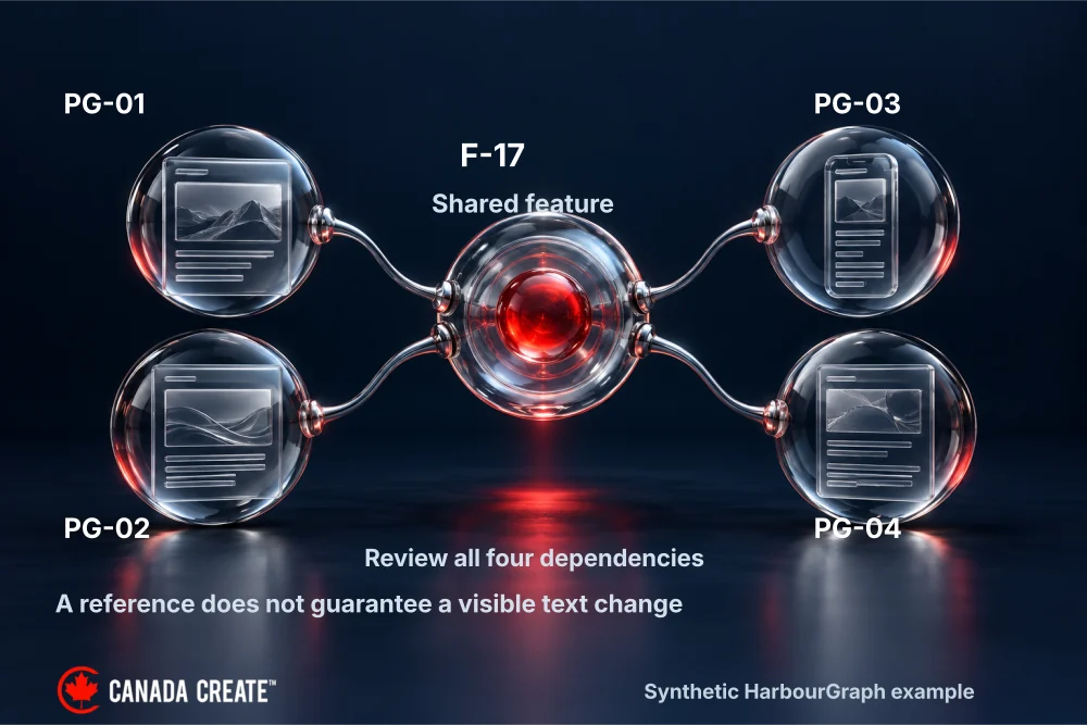 Feature F-17 has four page dependencies: PG-01, PG-02, PG-03 and PG-04; inspect detail and mobile uses too.