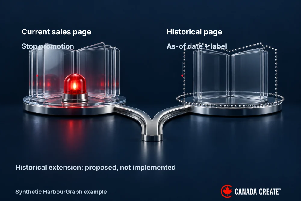 Current pages stop promotion; a proposed historical-page extension would need an as-of date and a visible label.