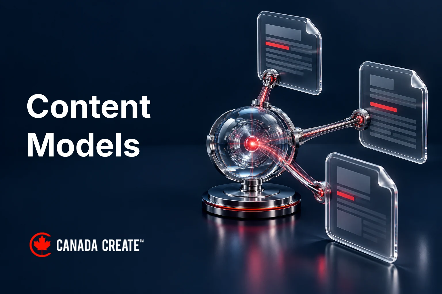 A shared content record connects to three page forms in a clear-glass and chrome content-model sculpture.