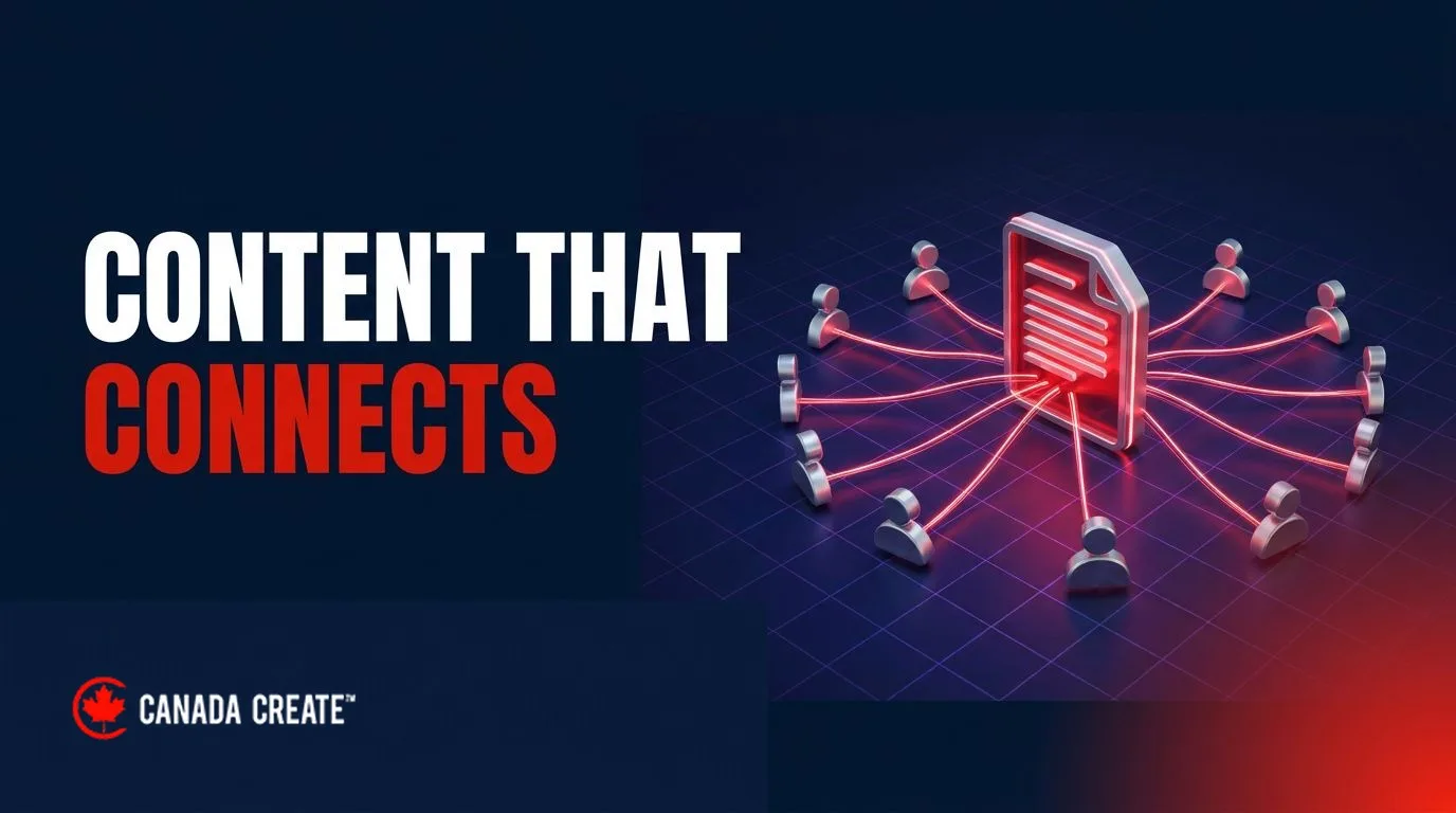 Content that connects: a glowing document linked by red threads to a ring of people icons