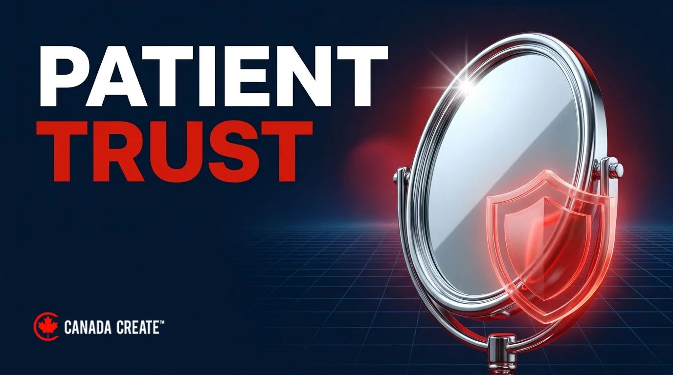 Patient trust: an oval vanity mirror in a chrome frame with a sparkle on its surface and a red shield glowing in front