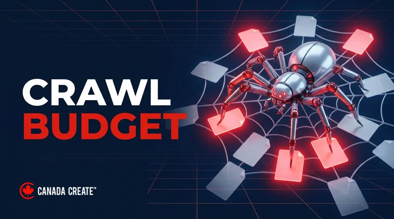 Crawl budget: a small silver robot spider crawling a web of page cards, the important ones glowing red