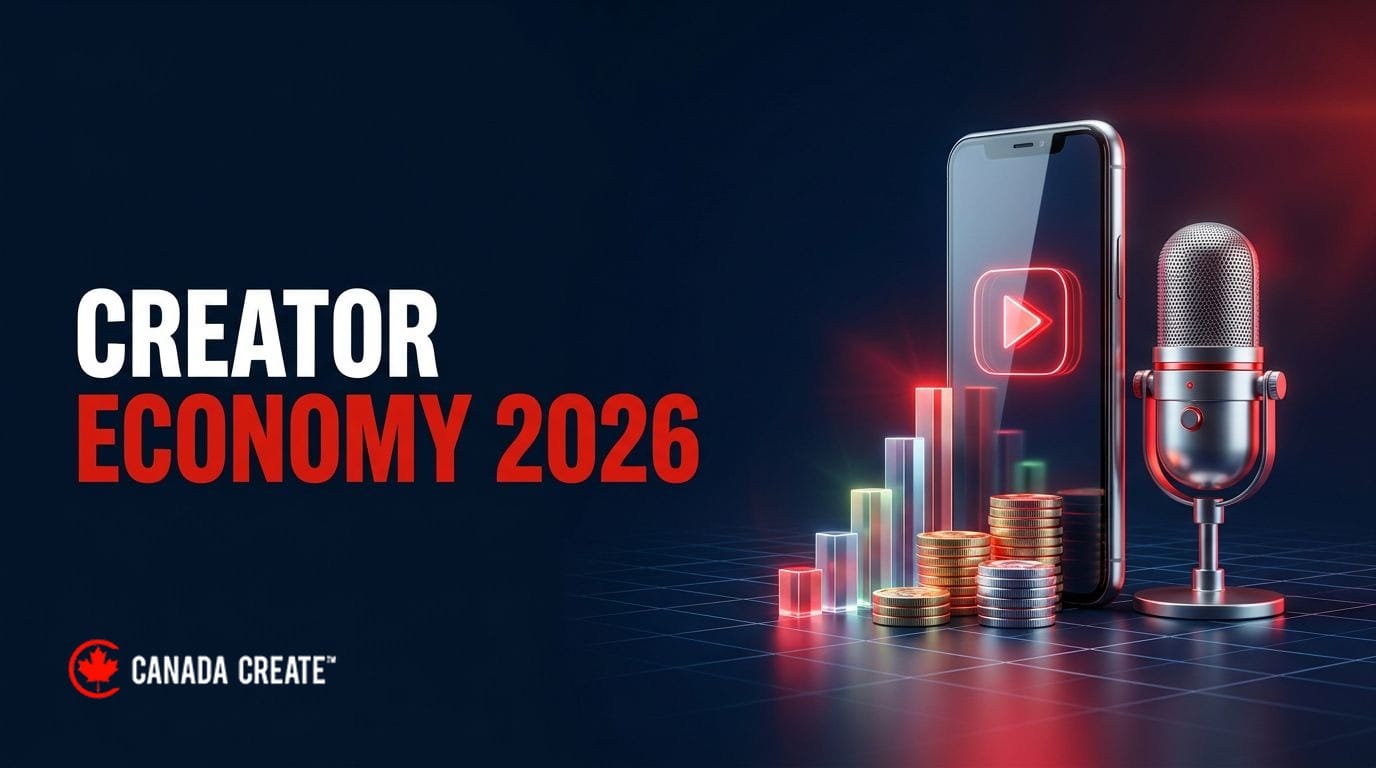 Creator economy 2026: a smartphone and podcast microphone with charts and coins rising from the screen