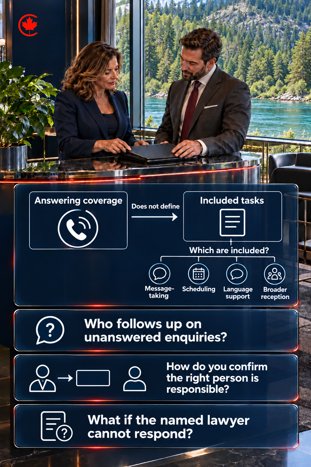 Questions for a defence firm buying enquiry-handling support: who follows up on unanswered enquiries, how the firm confirms the right person has taken responsibility, and what happens if the named lawyer cannot respond.