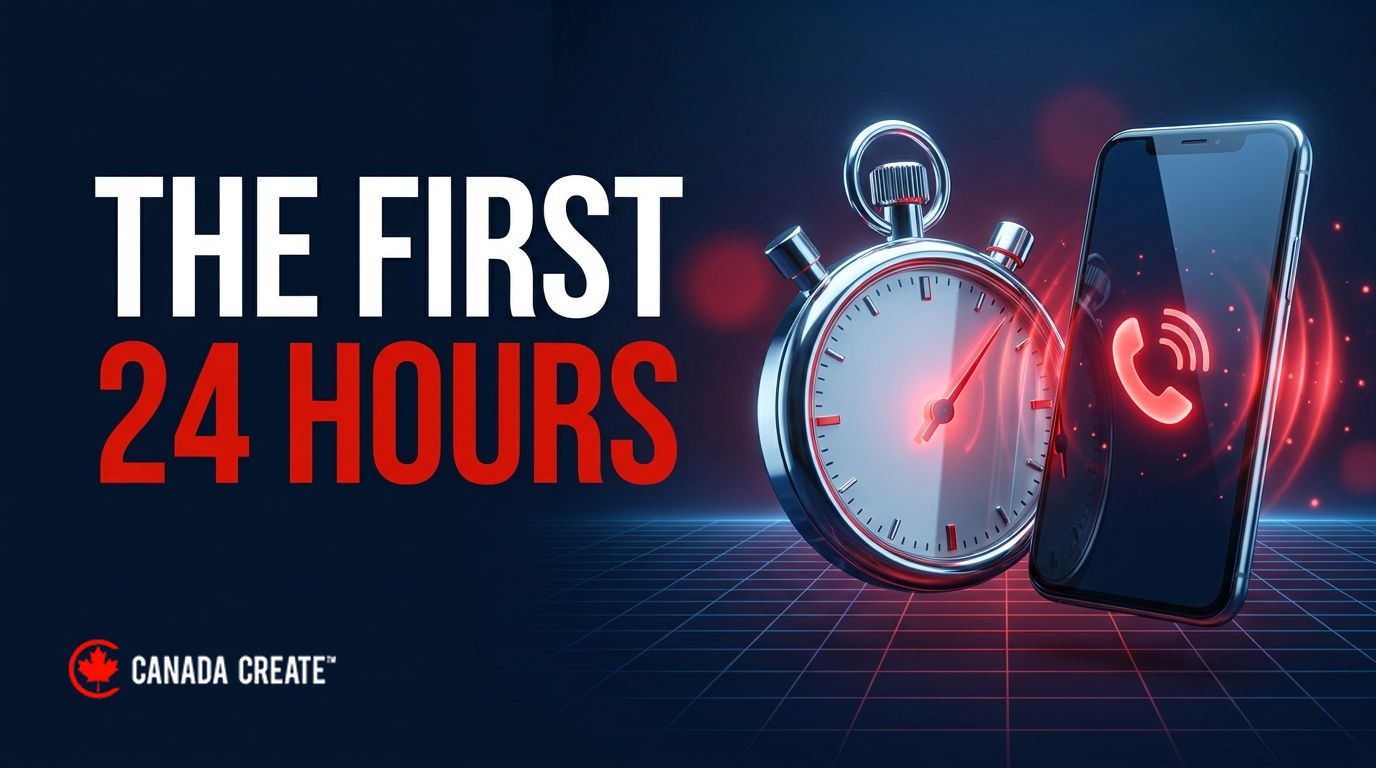 The first 24 hours: a chrome stopwatch with a red hand beside a smartphone with a ringing call icon bursting from the screen