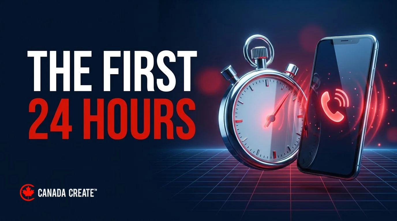 The first 24 hours: a chrome stopwatch with a red hand beside a smartphone with a ringing call icon bursting from the screen