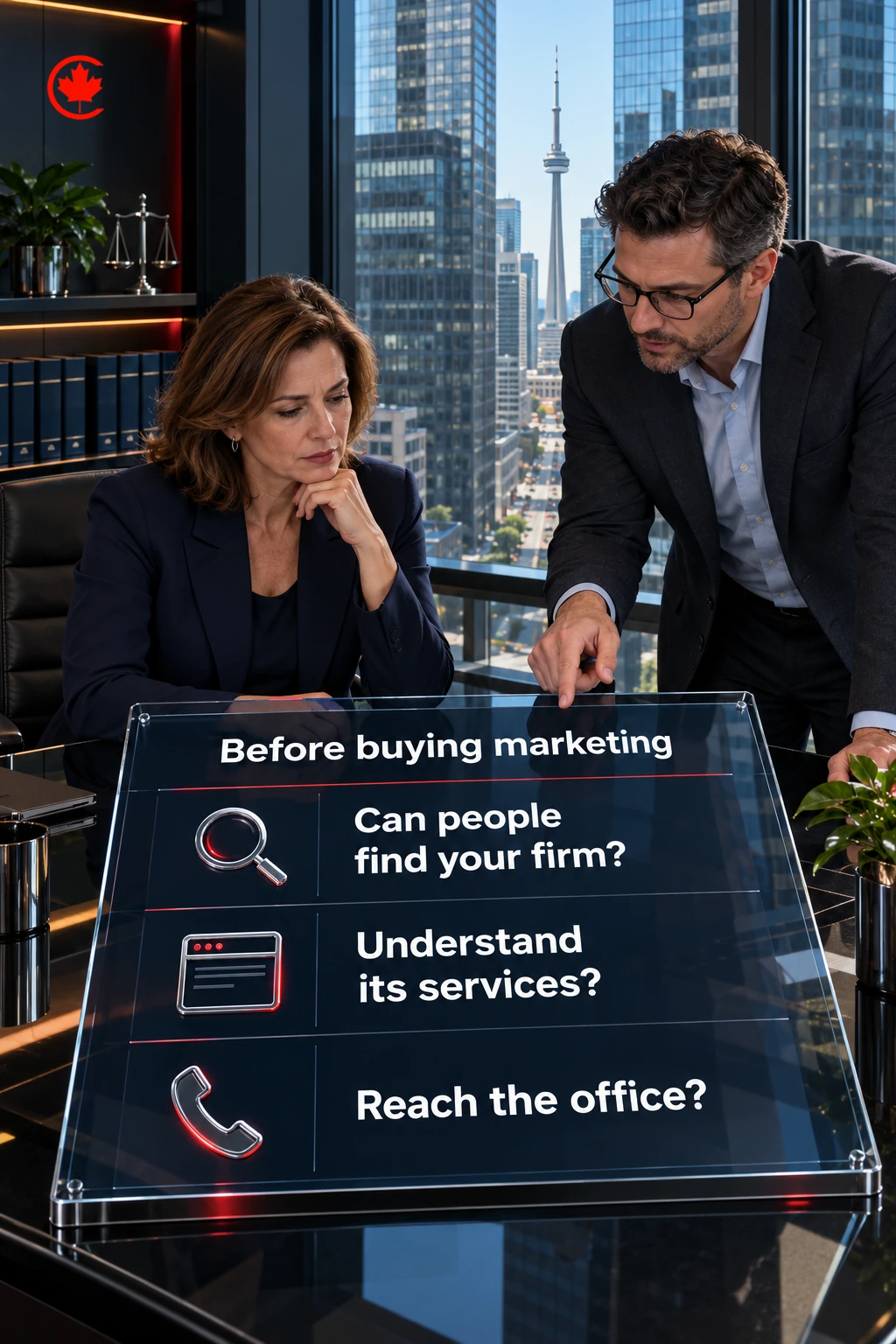 A defence-firm buyer checks whether prospective clients can find the firm, understand its services and reach the office before choosing marketing work.