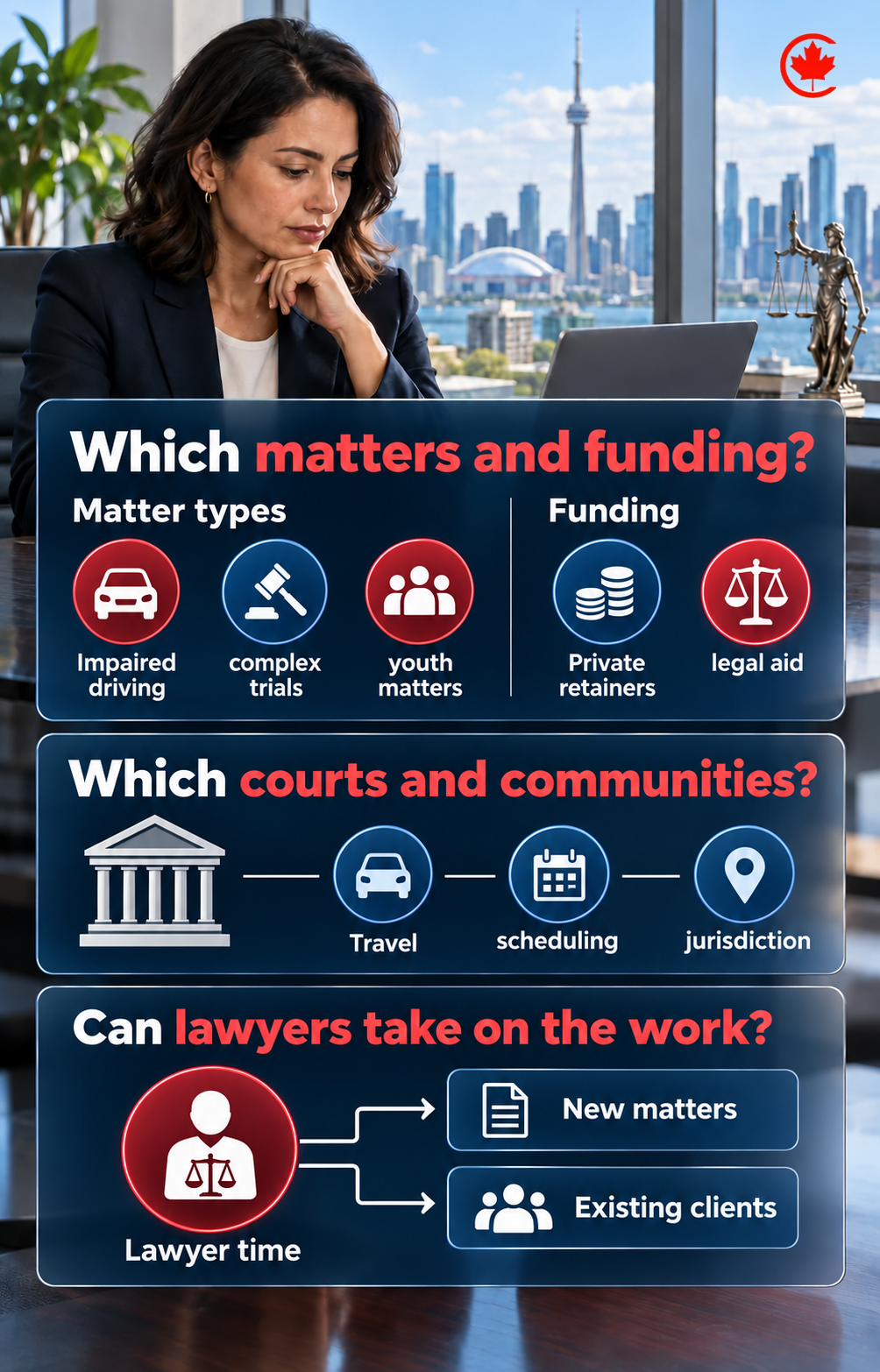 A defence-firm owner checks which enquiries fit the firm’s services: matter types and funding, courts and communities served, and the lawyers’ capacity to take on the work.