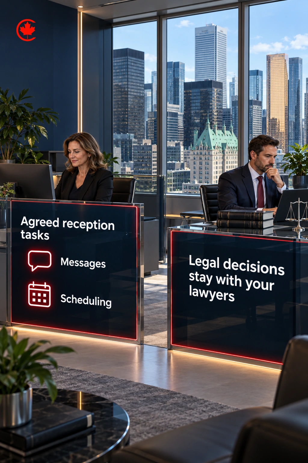 Separate panels distinguish agreed reception tasks, such as messages and scheduling, from legal decisions that stay with the firm’s lawyers.