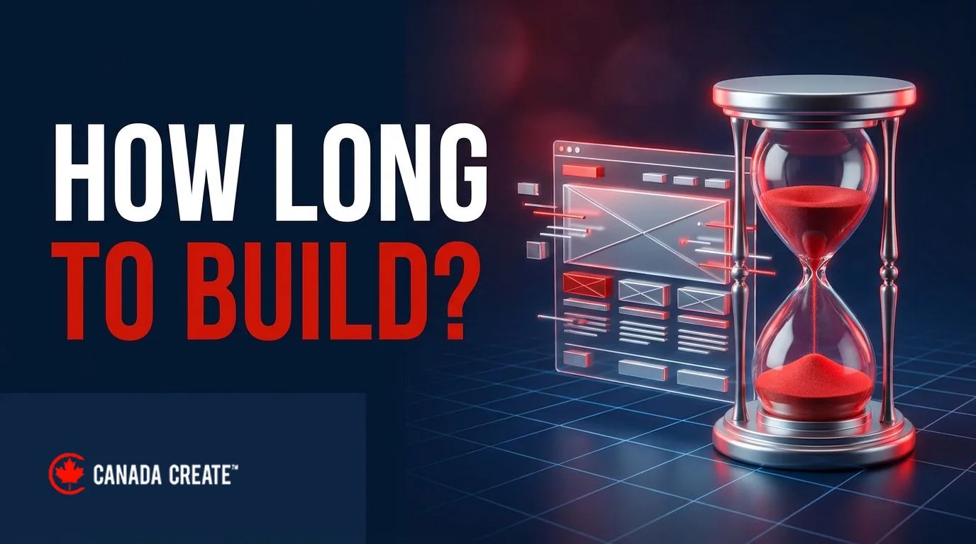 How long to build: an hourglass with red sand beside a website wireframe assembling itself
