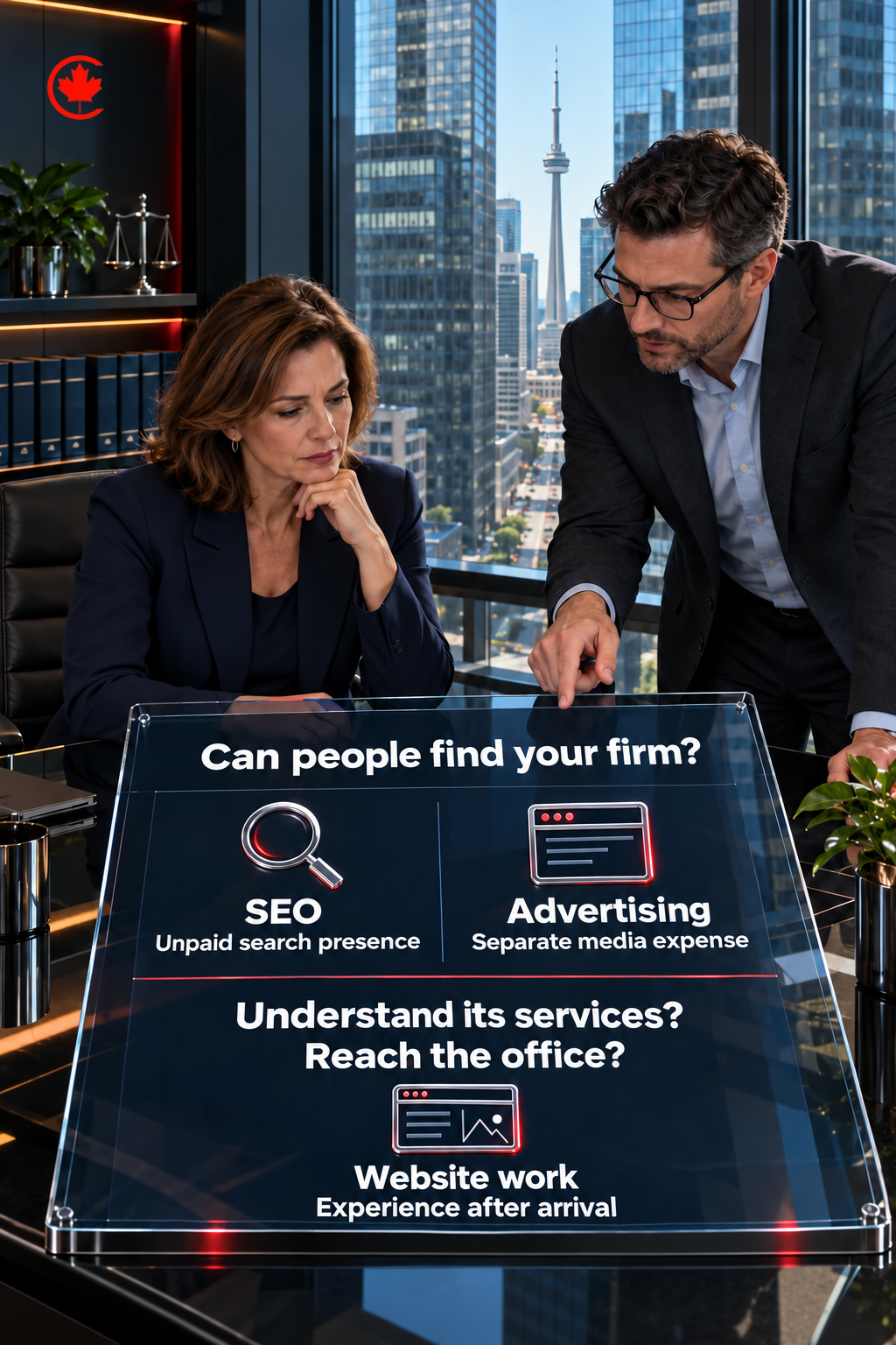 A defence-firm buyer checks whether prospective clients can find the firm, understand its services and reach the office before choosing marketing work.